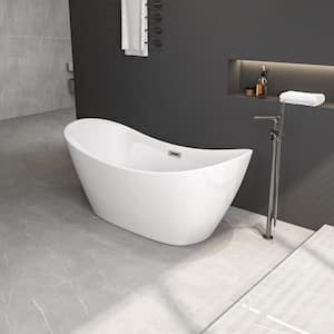 67 in. Freestanding Flatbottom Double-Slipper Soaking Bathtub in White Including Chrome Overflow and Pop-Up Drain