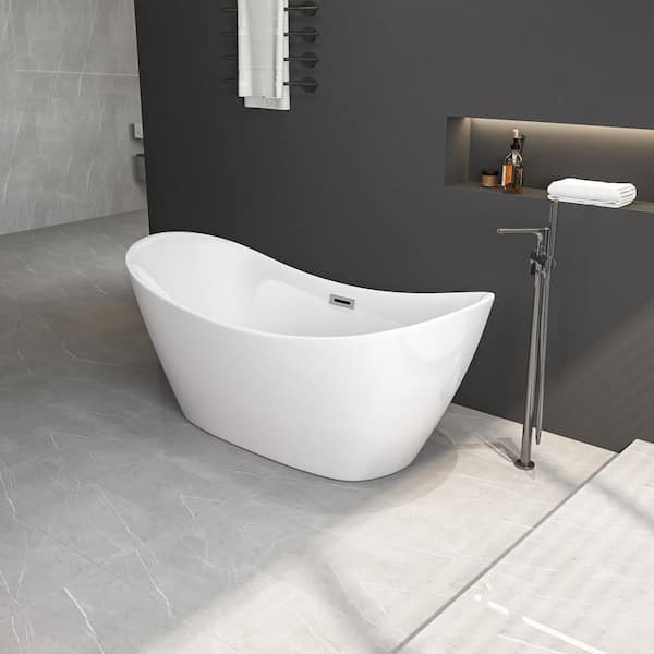 EAKYHOM 67 in. Freestanding Flatbottom Double-Slipper Soaking Bathtub in White Including Chrome Overflow and Pop-Up Drain