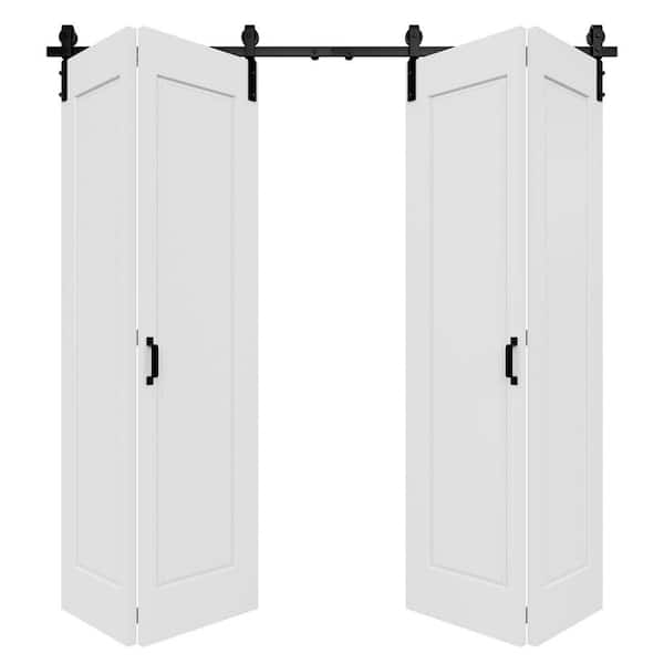 84 in., x 84 in., Paneled 1-Lite White Primed Hollow Core MDF Composite Bi-fold Door with Bifold Barn Door Hardware