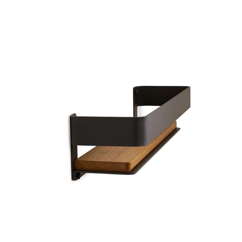 Matte Black and Teak Wood Wall Mounted Shower Shelf
