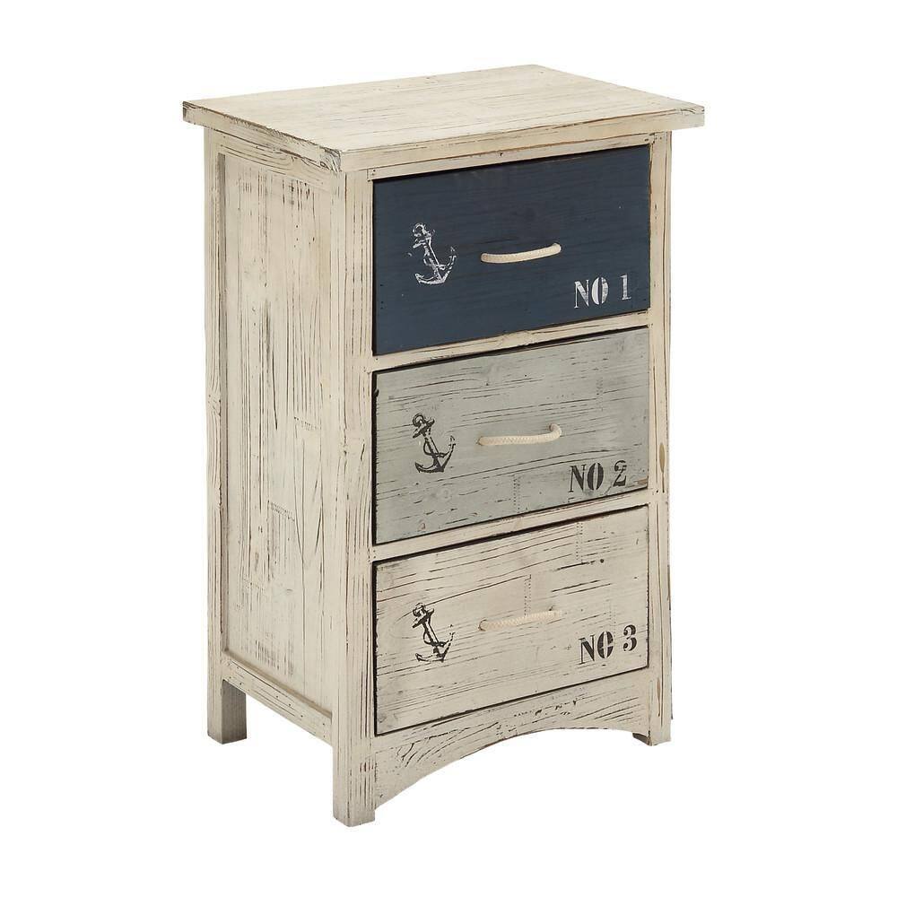 White and Blue Wood Nautical Night Table with Rope Handles