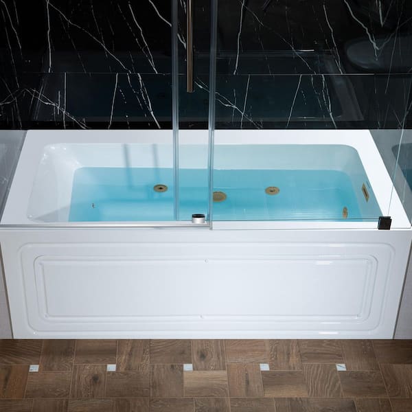 60 in. x 30 in. Whirpool and Heated Soaking Bathtub with Brushed Gold Right Drain in White