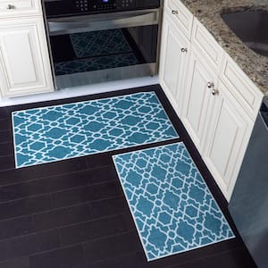 Geometric Graphic Teal 44 in. x 24 in. and 31.5 in. x 20 in. Washable, Thin, Multipurpose Kitchen Rug Mat (Set of 2)