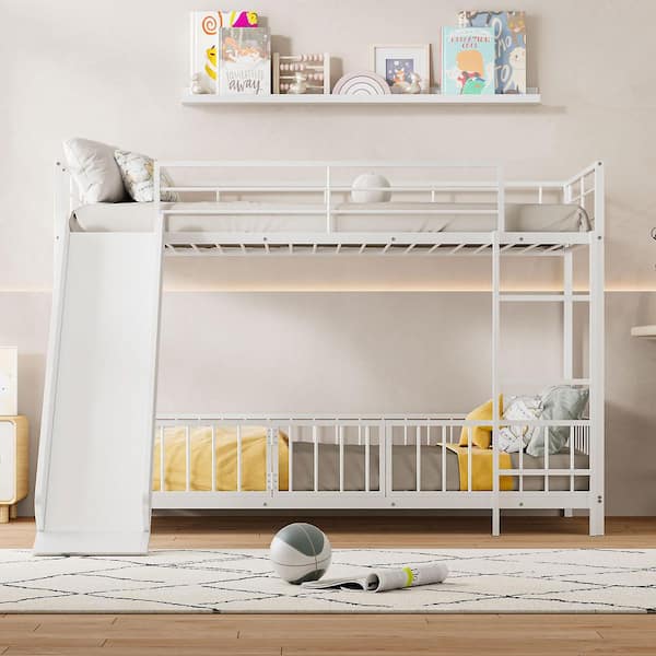 White Twin Over Twin Bunk Bed with Slide and Guardrails