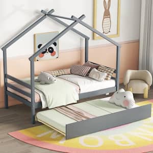 Gray Wood Frame Twin Size House Platform Bed, Kids Bed with Twin Size Trundle