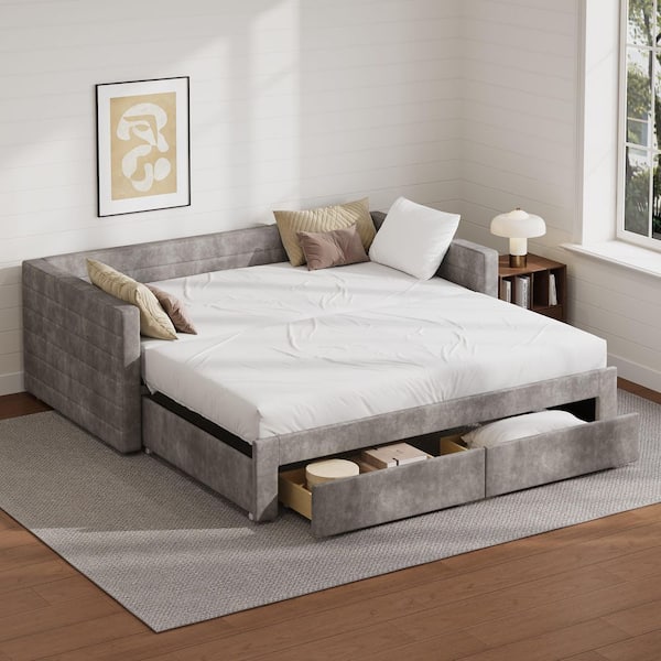 Regina Gray Chenille Fabric Upholstered Twin Size Extendable King Size Daybed with Trundle, 2-Storage Drawers