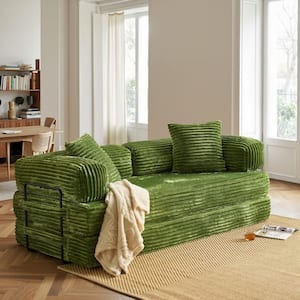 Mega 80 in. Green Plush Corduroy King Size Convertible Sleeper Loveseat Lounge Modular Folding Sofa Bed with Pillow