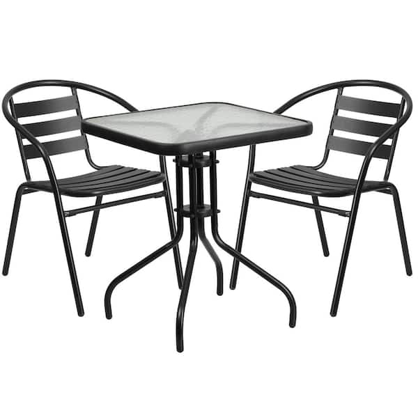 3-Piece Glass Square Outdoor Bistro Set in Clear/Black