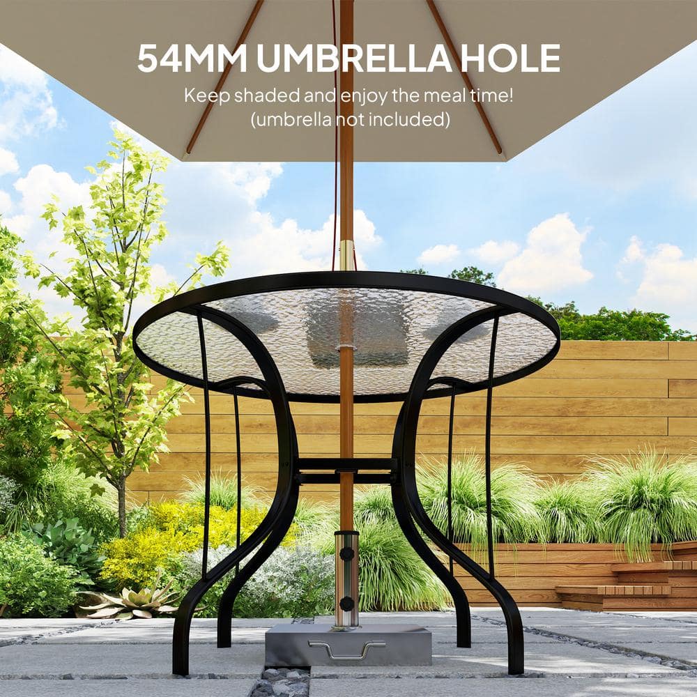 38" Black Round Patio Table with Tempered Glass Top and Umbrella Hole