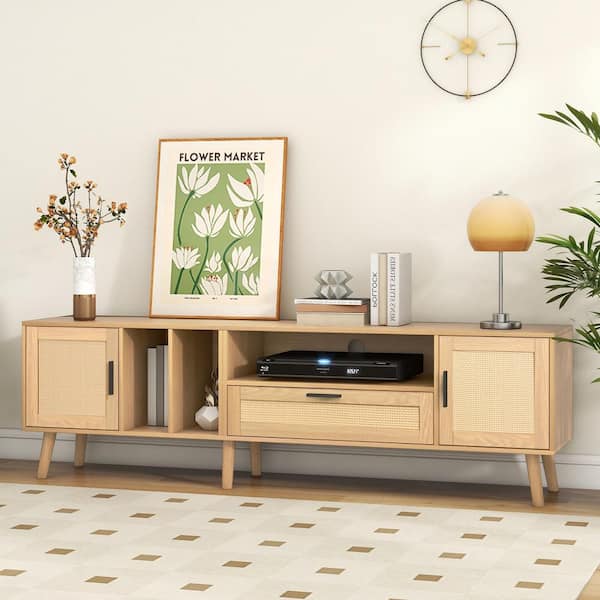 Harper & Bright Designs Natural Wood TV Stand Fits TVs up to 80 in. with Waterproof Tabletop, Rattan Drawers and Doors, Cable Management
