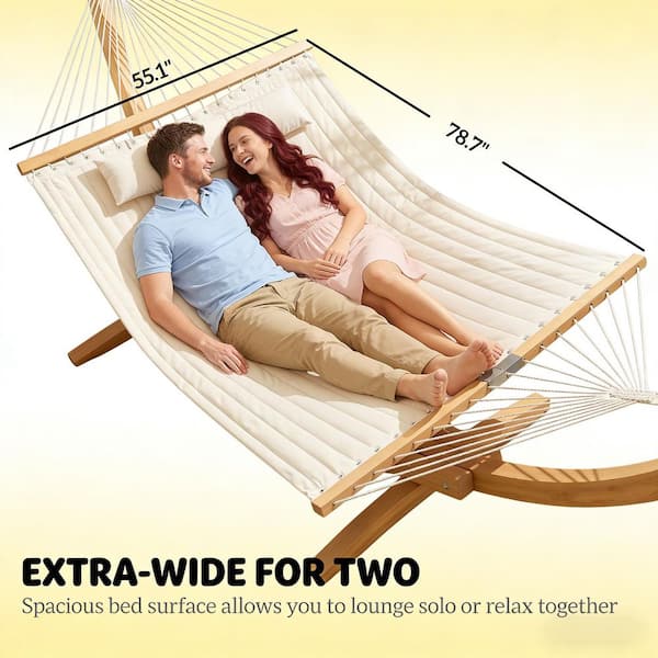 2-Person Beige Wood Porch Swing, Patio Swing Chair Double Hammock