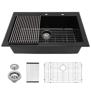 33 in. Drop-In Single Bowl Matte Black Granite Composite Kitchen Sink with Bottom Grids and Strainer