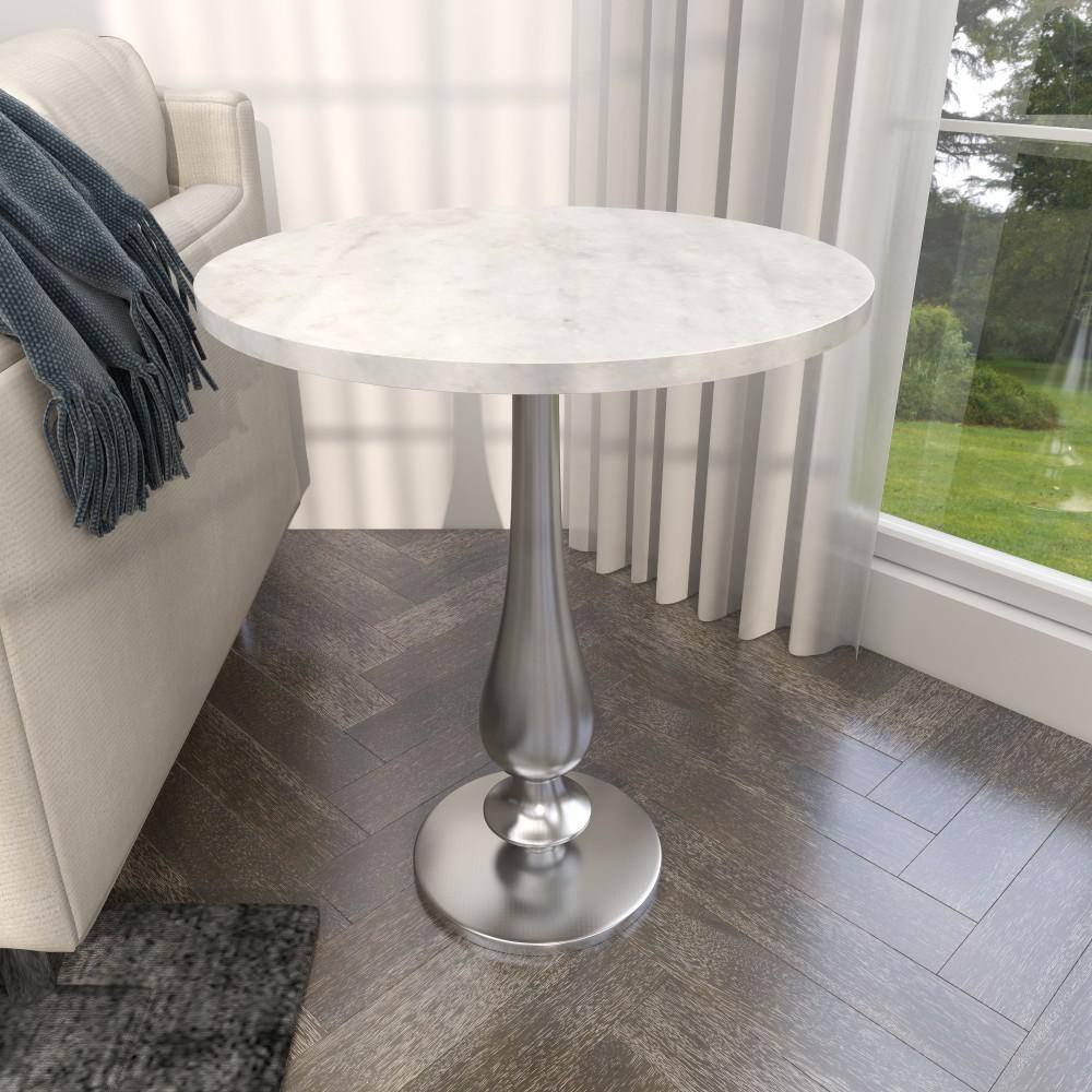 White Marble and Silver Aluminum Round Accent Table