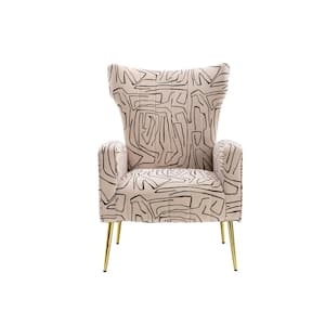 Beige With Pattern Velvet Upholstered Wingback Armchair with Metal Legs