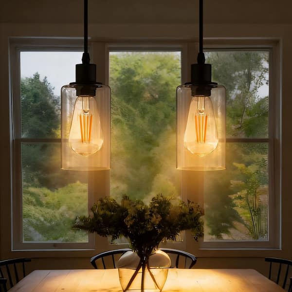 (2 Pack) 1-Light Modern Matte Black Pendant Lights w/ Clear Glass Shade Industrial Hanging Light for Kitchen Dining Room
