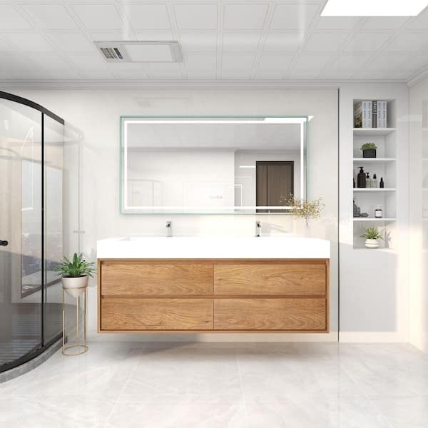 BV Better Vanity Saggie 71 in. W. x 20 in. D x 28 in. H Double Sink Floating Bath Vanity in Teak Oak with White Acrylic Top