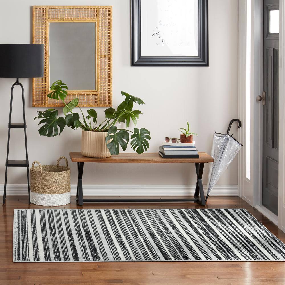 Everwash Light Grey/Charcoal Grey Striped Washable Area Rug, 6'6" x 9'2"
