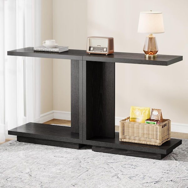 TRIBESIGNS WAY TO ORIGIN Calvin 23.6 in. Black Narrow Rectangle Wood MDF C-Shaped Sofa Side End Table Set of 2 Pedestal Bedside Nightstand 2Piece