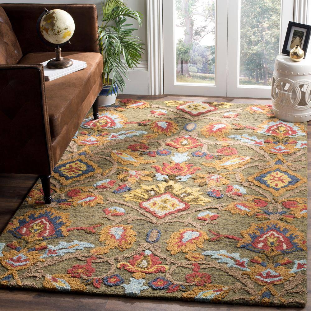 Handmade Blossom Green and Multicolor Wool Area Rug 4' x 6'