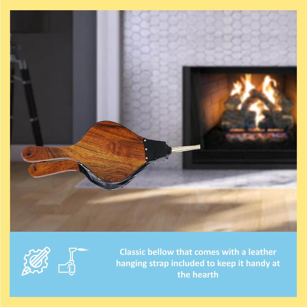 Large Natural Mango Wood Black Leather Brass Fireplace Bellows
