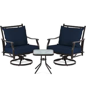 3-Piece Metal Swivel Outdoor Chairs Patio Conversation Set with Dark Blue Cushions and Toughened Glass Table
