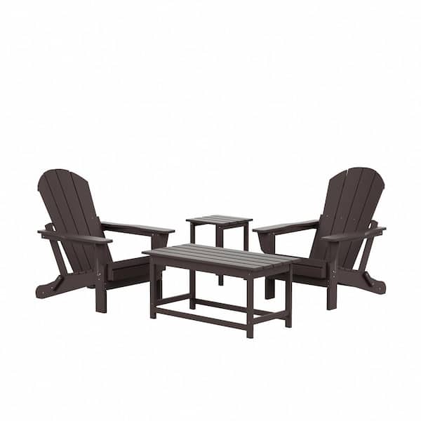 Laguna 4-Piece Fade Resistant Outdoor Patio HDPE Poly Plastic Folding Adirondack Chairs and Tables Set in Dark Brown