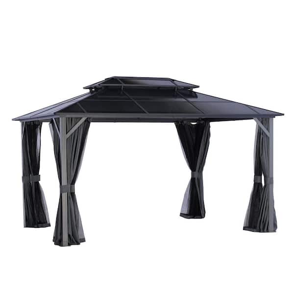UNISOAR 10 ft. x 13 ft. Light Gray Aluminum Hardtop Gazebo with Double Roof Canopy, Gray Curtains and Netting