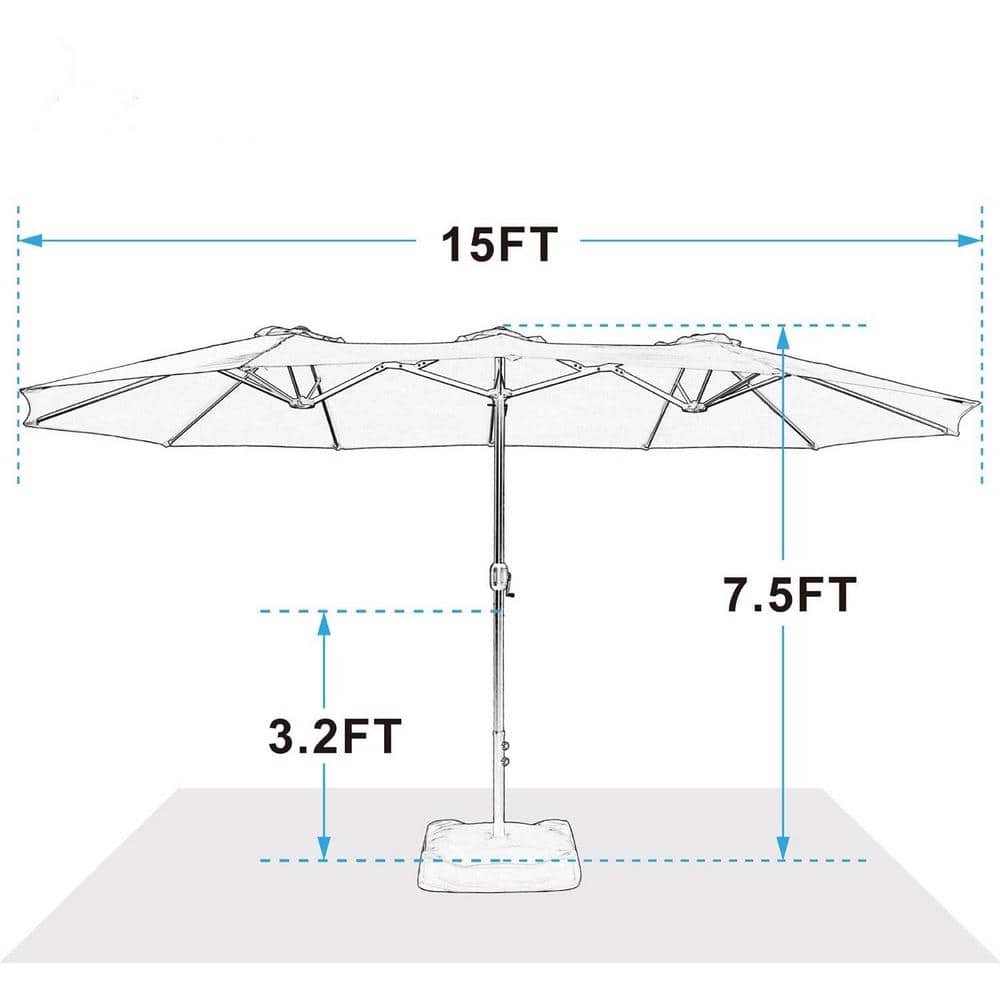 15 ft Beige Double-Sided Outdoor Market Umbrella with Crank and Base