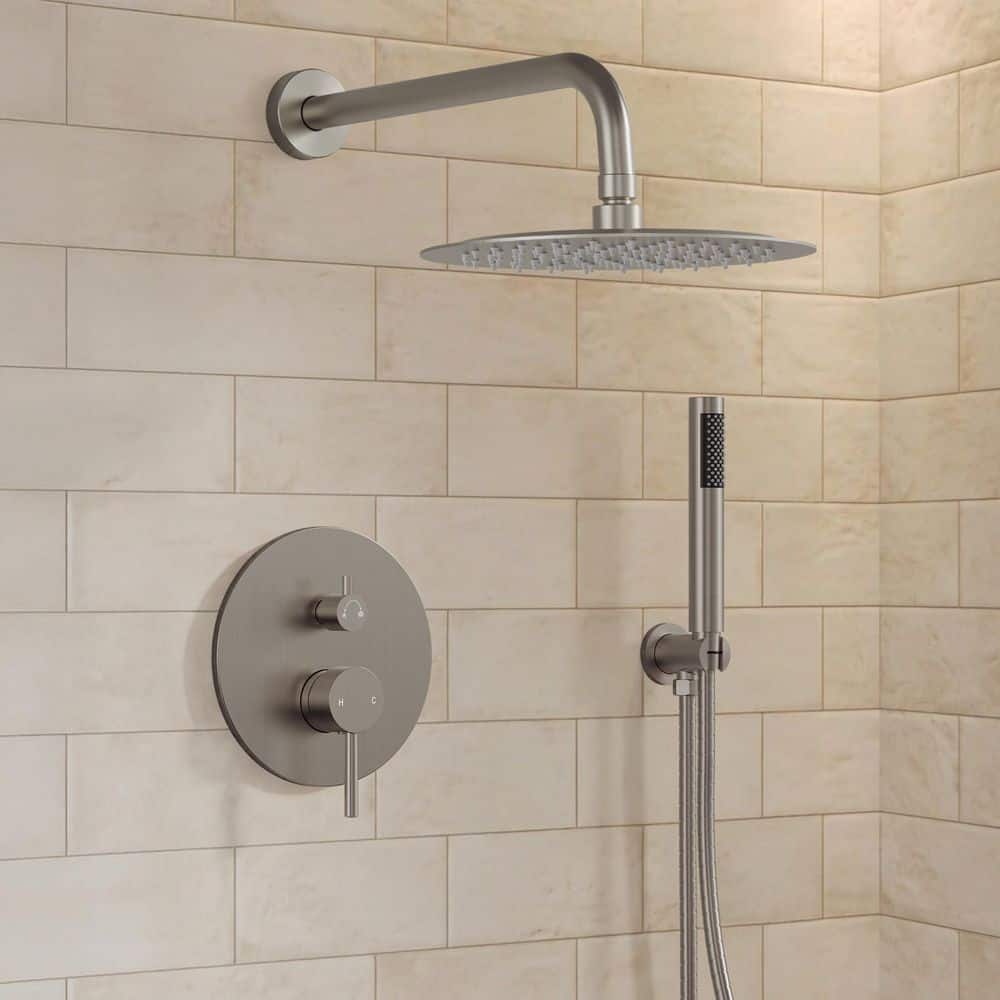 10 in. 2-Spray Wall Mount Round High Pressure Wall Bar Shower Kit with Hand Shower in Brushed Nickel Valve Included price history on PriceWatchPro