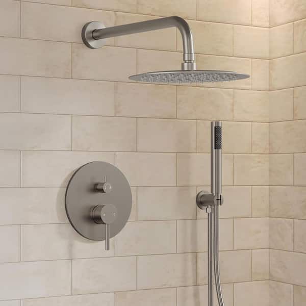 Pressure Balance Wall Mount 10 in. Round Double Handle 2-Spray Shower Faucet 2.5 GPM with Anti Scald in Brushed Nickel