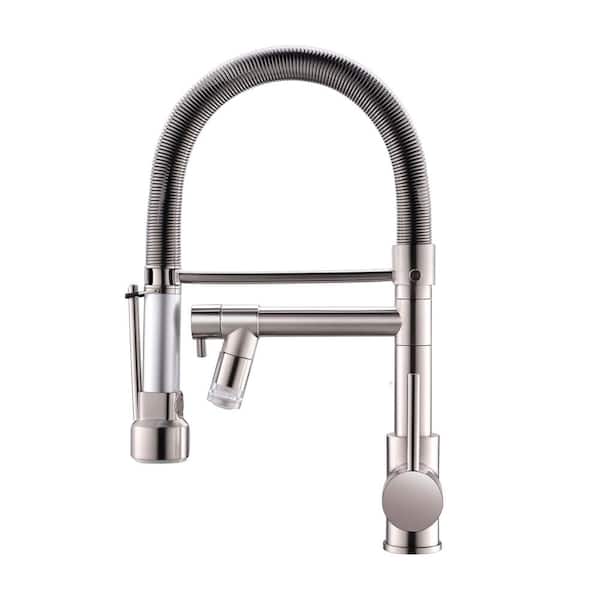 Satico Single Handle Pull Down Sprayer Kitchen Faucet With Led In Brushed Nickel Kf Bm The