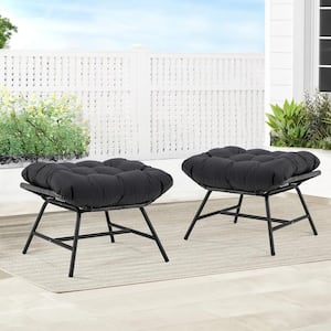 Metal PE Wicker Outdoor Ottoman with Gray Cushion (2-Pieces)