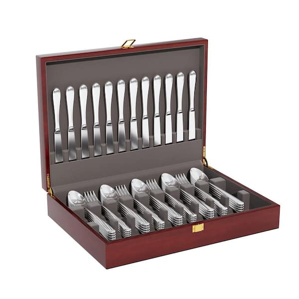 3 in. H x 11 in. W x 15 in. D Classic Mahogany Brown Wood Flatware Storage Chest Felt Lined Silverware Case