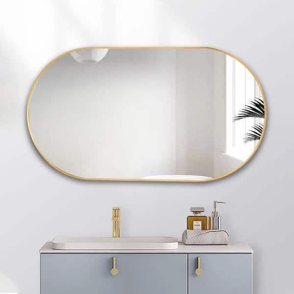 JimsMaison 36 in. W x 18 in. H Oval Stainless Steel Framed Wall Bathroom Vanity Mirror in Gold