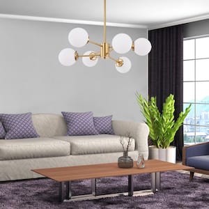 6-Light Sputnik Brass Chandelier with White Glass Shades