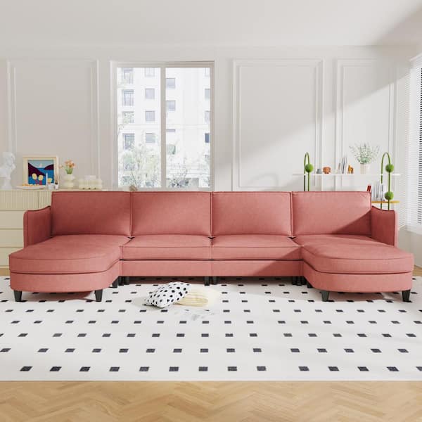 Harper & Bright Designs 141.5 in. U Shaped Fabric Modern Large Sectional Sofa in Pink with Ottoman Side Pockets for Living Room Apartment Office