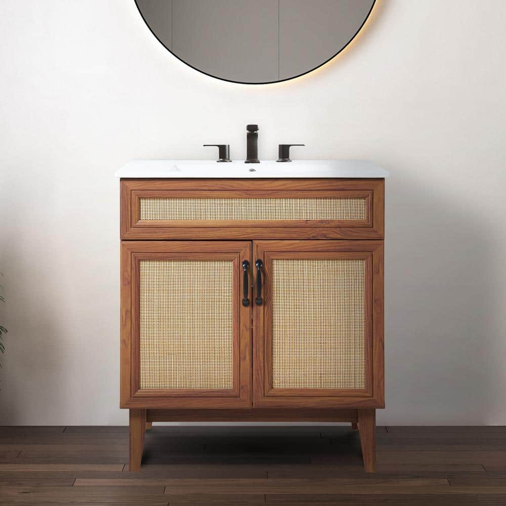 Javer 30" Walnut Rattan Modern Farmhouse Bath Vanity Cabinet