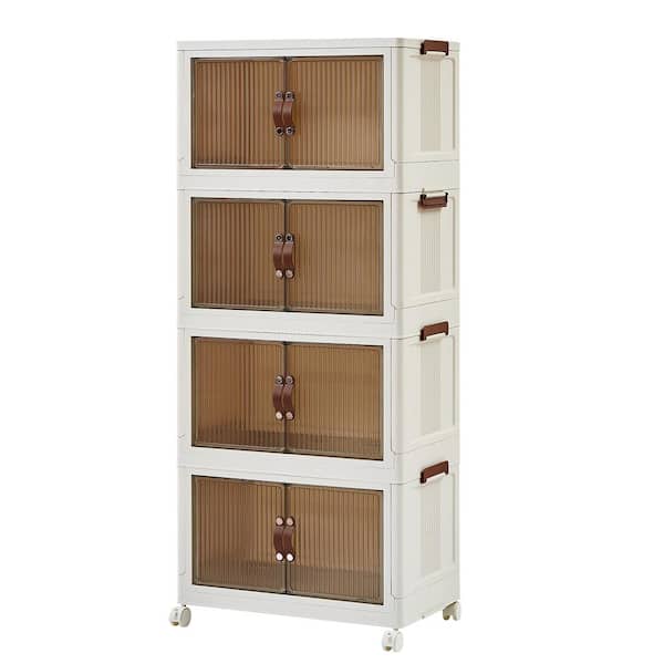 VECELO Storage Bins Lid, 4-Pack Stackable Plastic Collapsible Cabinet, Foldable Organizer with Wheel and Double Door White