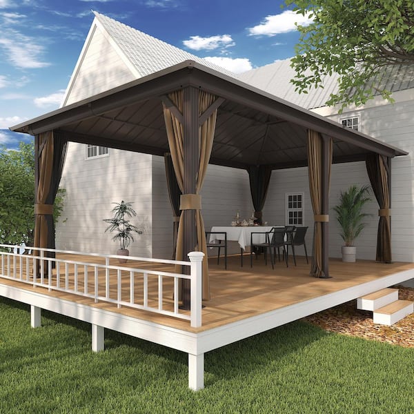 12 ft. x 20 ft. Aluminum Hardtop Gazebo with Double Galvanized Steel Roof, Netting and Curtains for Patio and Backyard