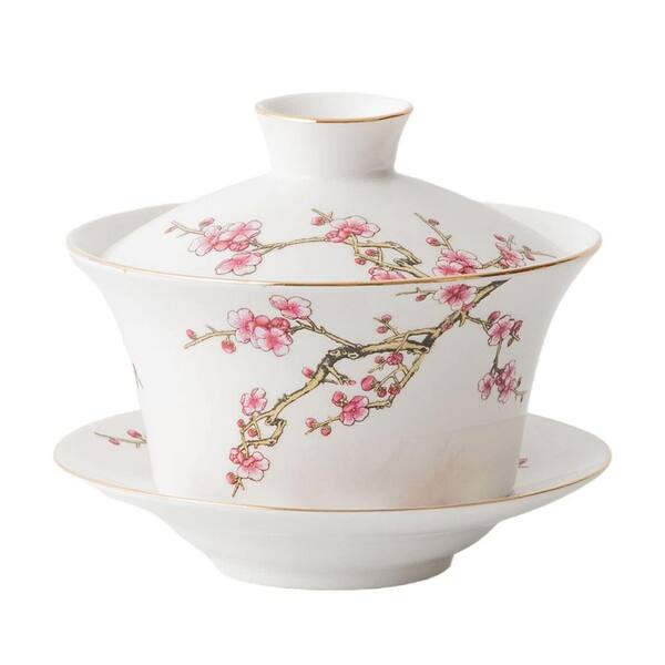 1-Cup, White Modern Porcelain Teacup with Light Up Color Changing, Sturdy Construction, 10 oz. Capacity, Plum Patterns
