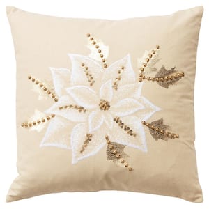 Holiday Natural/Gold Poinsettia Cotton Poly Filled Decorative 20 in. x 20 in. Throw Pillow