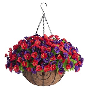 20 in. Artificial Hanging Flowers in 12 in. Basket, Garden Porch Deck Spring Summer Decor, Purple and Red