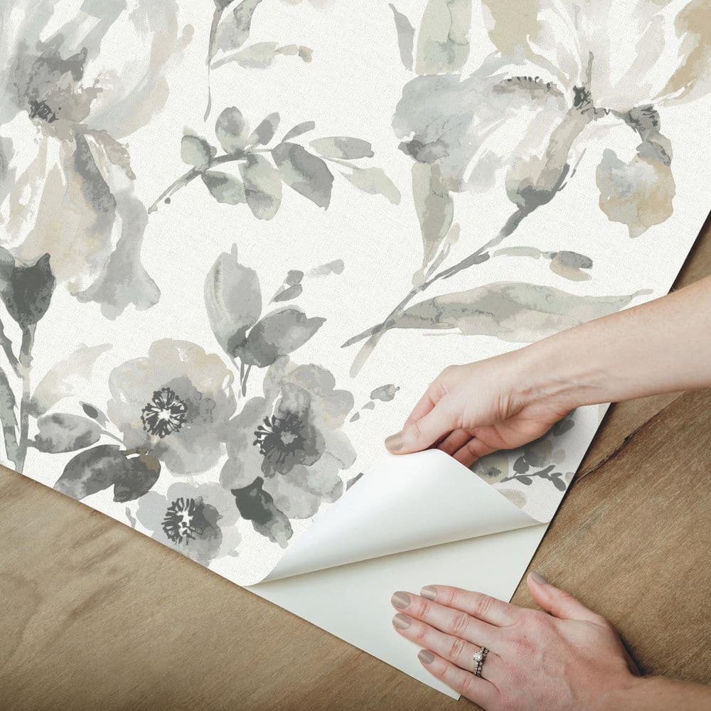 Grey Floral Vinyl Peel and Stick Wallpaper Roll