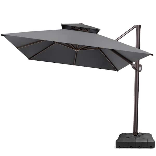 Double Top 13.5 ft. x 10 ft. Metal Aluminum 360° Swivel Cantilever Patio Umbrella in Gray with 220 lbs. Umbrella Base
