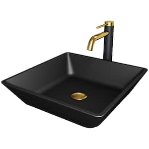 Matte Shell Roma Glass Square Vessel Bathroom Sink in Black with Lexington Faucet and Pop-Up Drain in Matte Gold