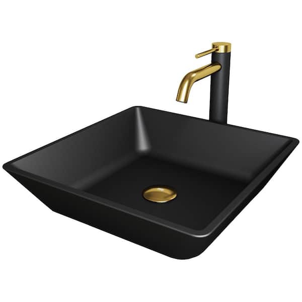 VIGO Matte Shell Roma Glass Square Vessel Bathroom Sink in Black with ...