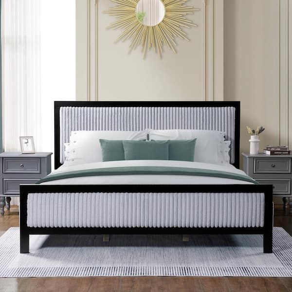 Harper & Bright Designs Gray and Black Solid Wood Frame King Size Upholstered Platform Bed with Fluffy Soft Headboard and Footboard