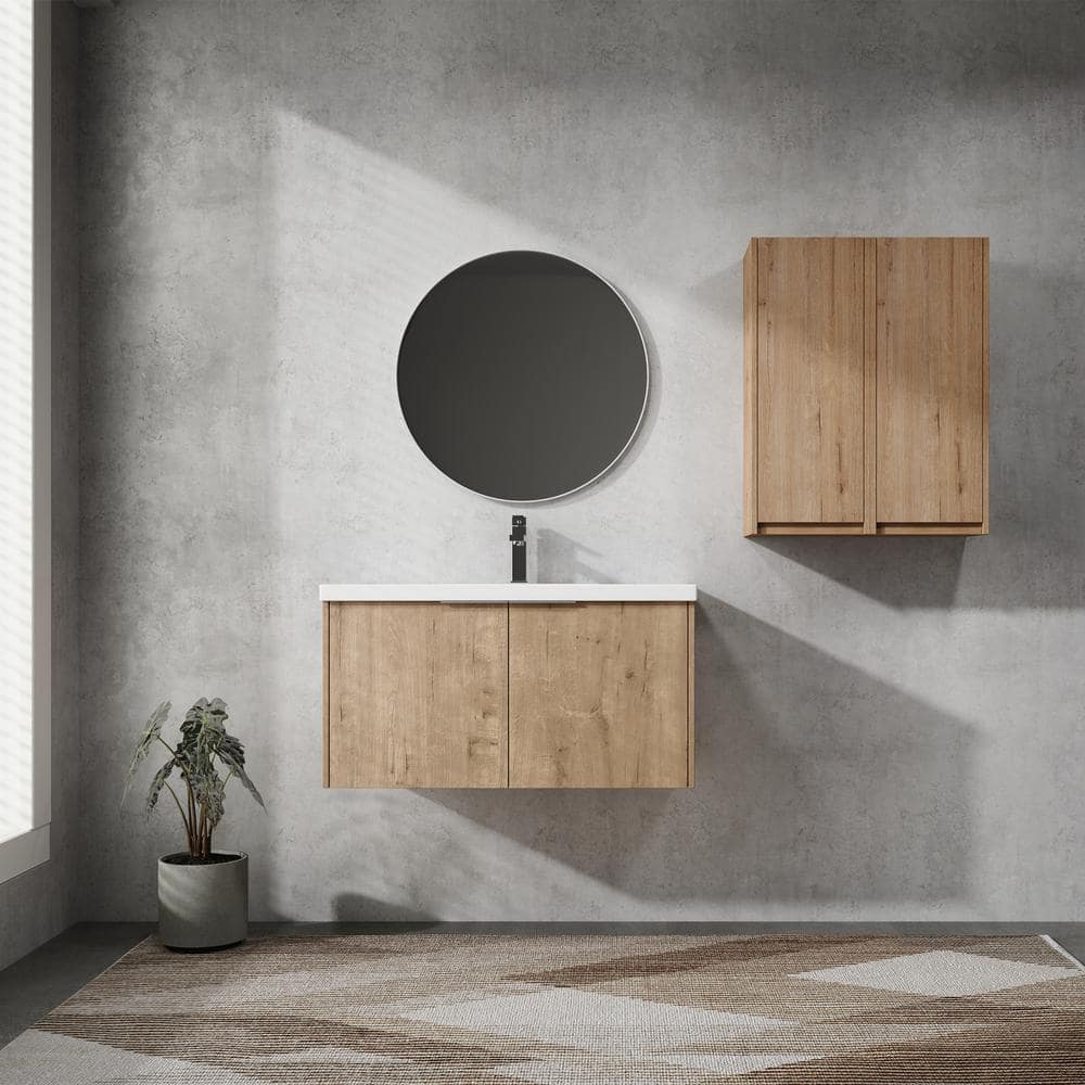 FORCLOVER 36 in. Single Sink Floating Imitative Oak Bath Vanity