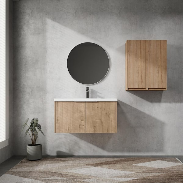 36 in. Single Sink Floating Imitative Oak Bath Vanity with White Resin Top and Two Side Cabinets Unassembled