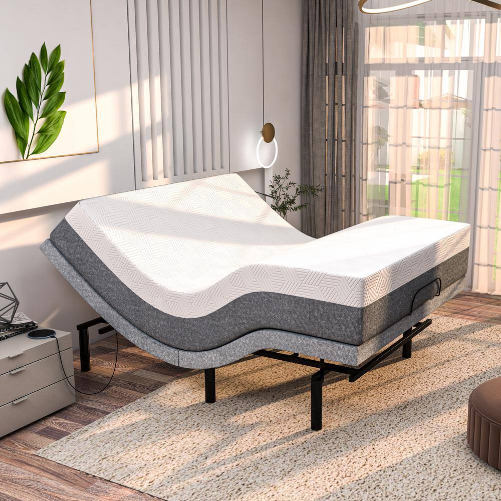 Renanim Adjustable Gray Bed Frame Twin XL USB, Under Bed Light, Hybrid Foam Mattress, App